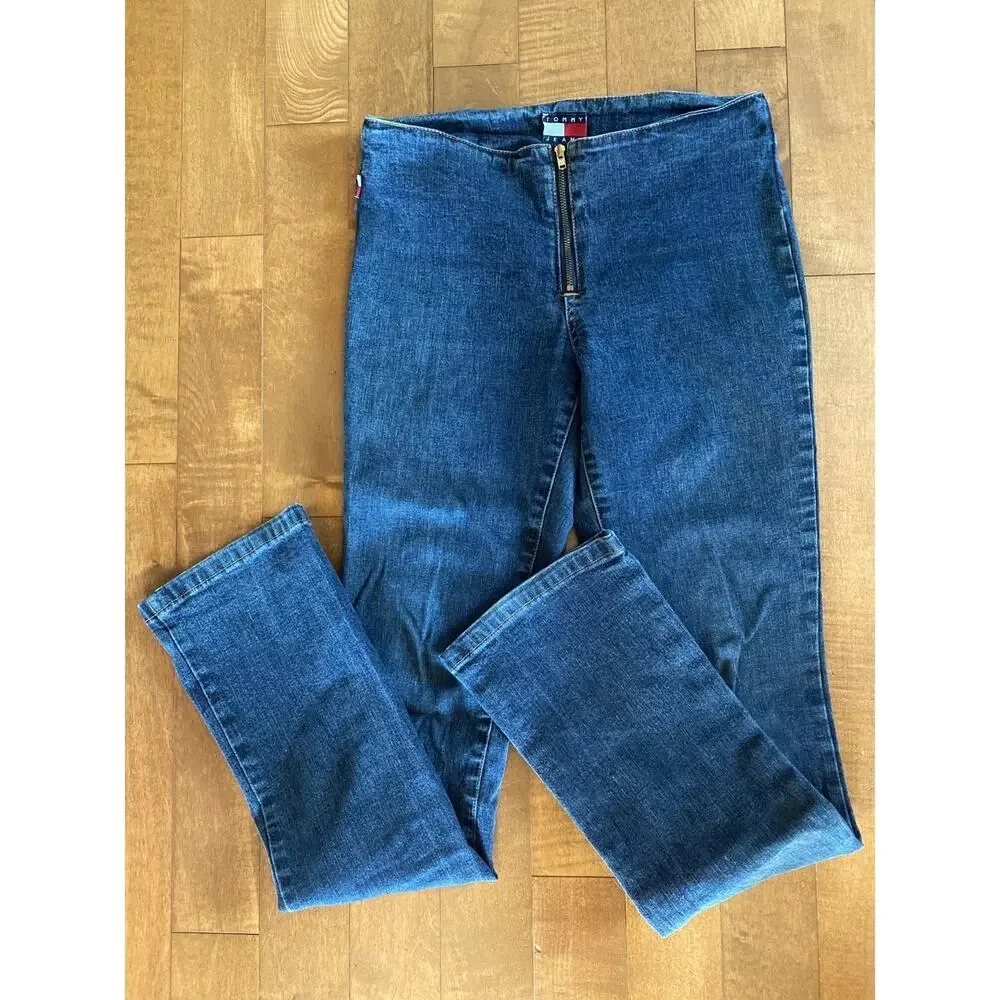 Vintage Tommy Jeans Luy Luy stretch blue high waist zip front no waist jeans XS